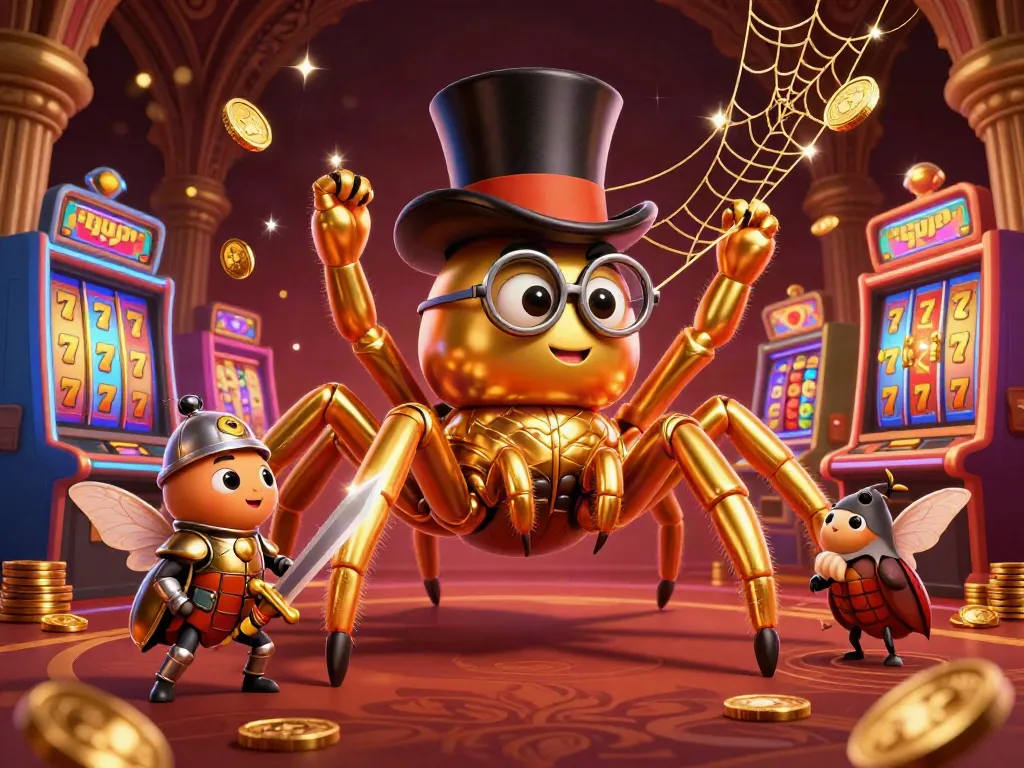 Nhatvip showcases an enchanting casino scene with a golden tarantula, beetle knight, and vibrant slot machines.