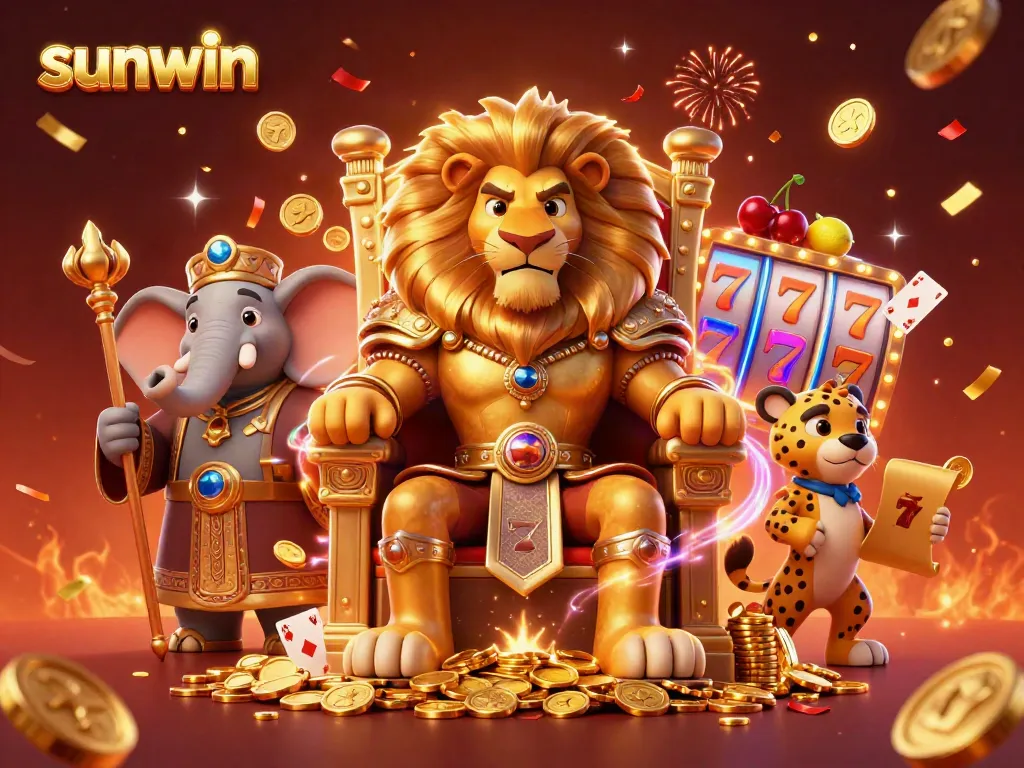 Experience thrilling wins with the sunwin logo in an ultra-detailed 3D casino scene featuring vibrant slot symbols.