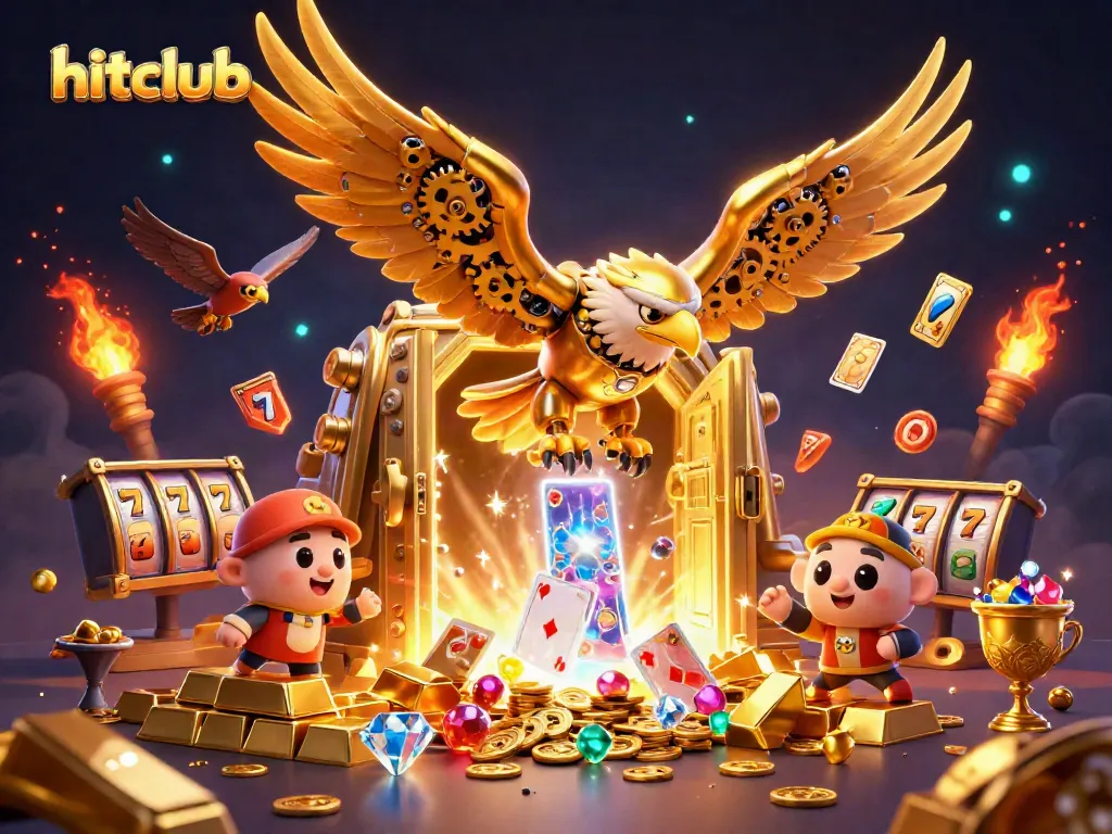 Engage with hitclub's thrilling casino scene featuring golden eagle amidst slot reels and jackpots.