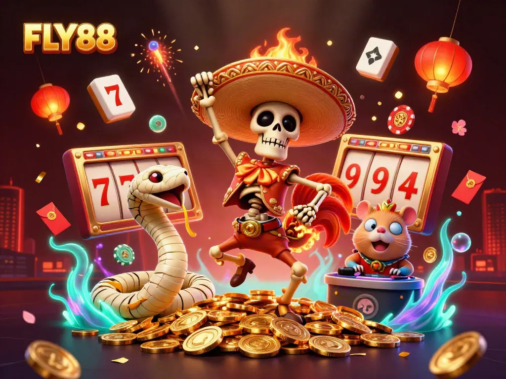 FLY88 showcases a vibrant 3D casino scene filled with gaming symbols and animated characters to attract players.