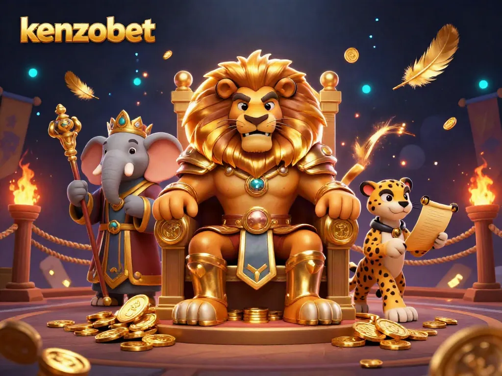 Engage with kenzobet's thrilling gameplay featuring lion king, wise elephant, and swift cheetah in a vibrant casino scene.