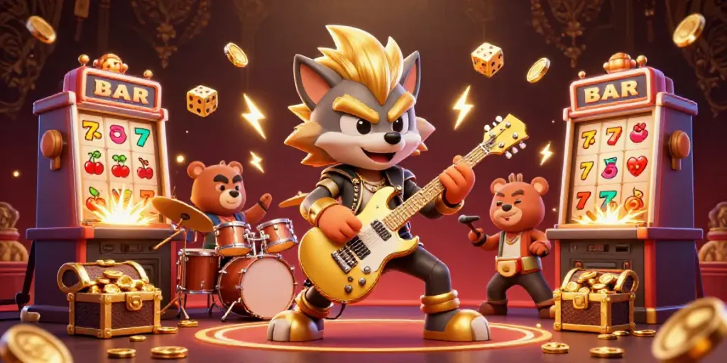 Experience the thrill of ex88 with a 3D cartoon rock star wolf performing live on stage surrounded by vibrant slot machines and golden treasures.