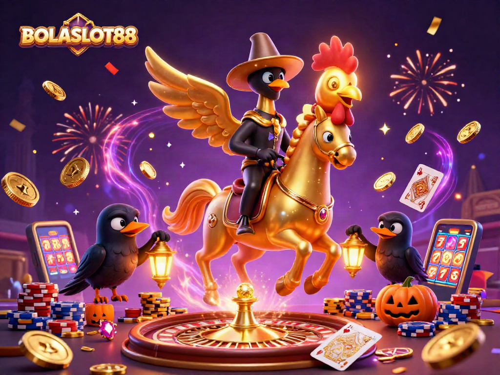 BOLASLOT88 promotes a vibrant casino atmosphere with golden coins and dynamic characters amidst a thrilling backdrop.
