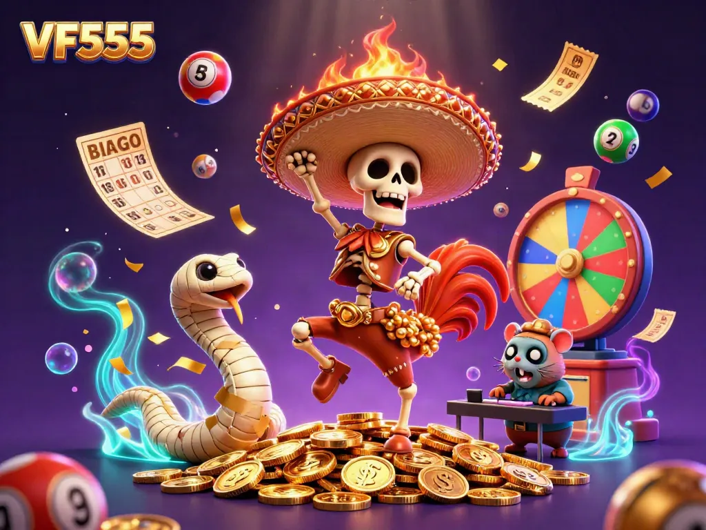 Experience exciting gameplay with VF555, featuring a lively mariachi rooster surrounded by vibrant casino elements.