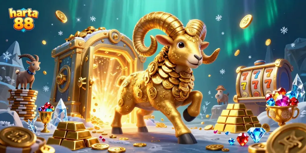 Experience harta 88 with vibrant 3D cartoon gold ram amidst casino treasures in dynamic action.