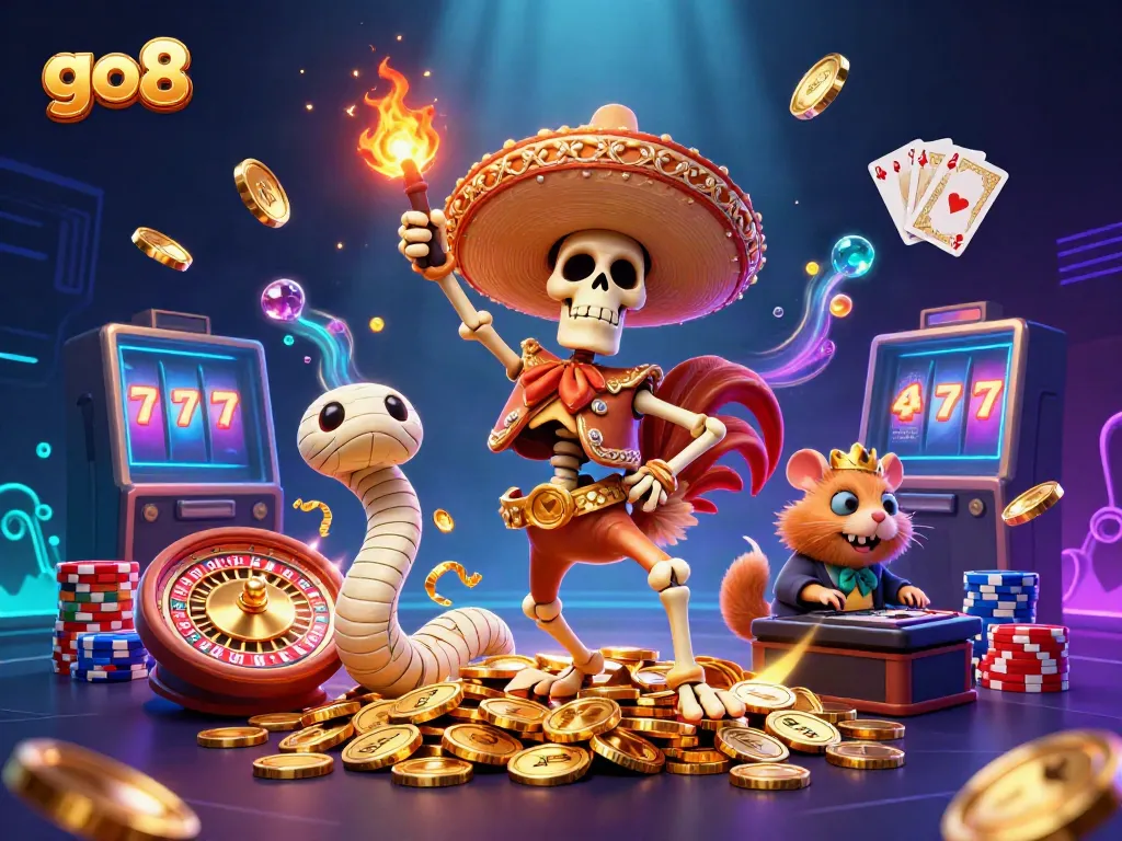 Engage in winning slots action with go8's vibrant 3D casino illustration, featuring a dancing rooster, sparkling coins, and lively game elements.
