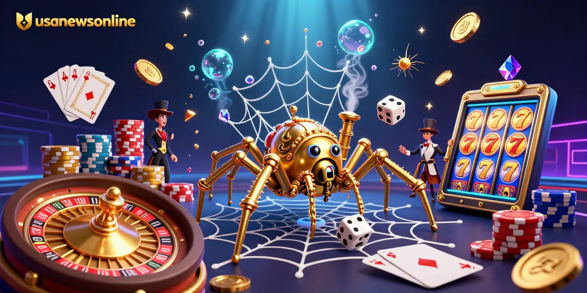 Spin the reels with usanewsonline's steampunk spider catching lucky dice in a vibrant casino.