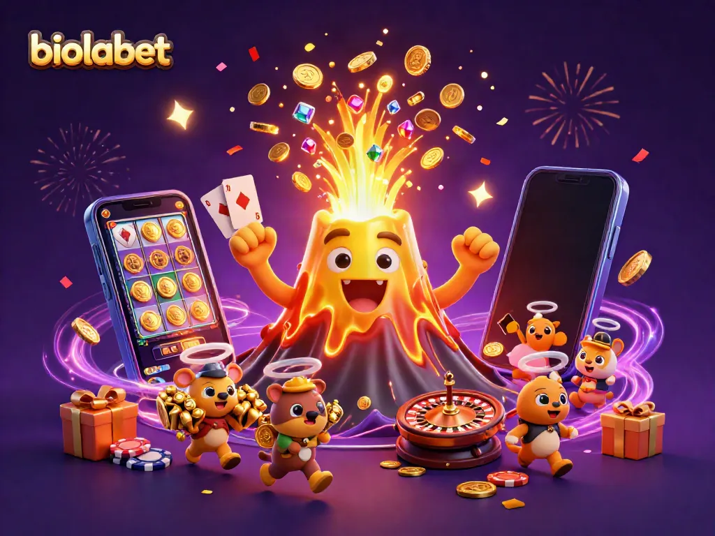 Experience thrilling wins at biolabet with a dynamic 3D illustration of a volcano, treasure, and gaming elements.