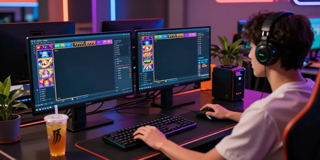 Player engaging with slot777 game interface on dual monitors in a vibrant gaming setup.