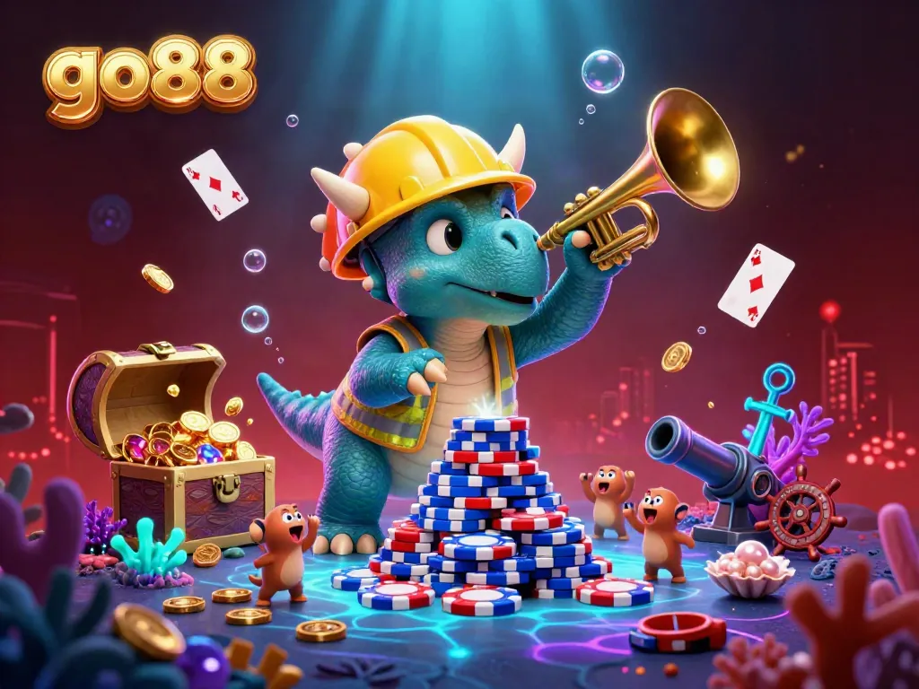 Experience the excitement of go88 as a triceratops stacks poker chips underwater with bioluminescent treasures.