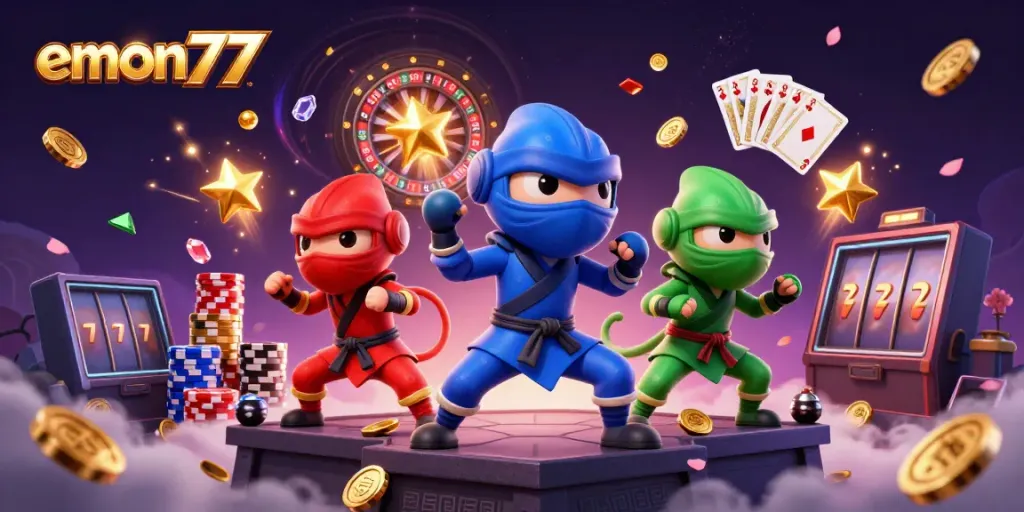 Engaging emon77 gameplay scene with chameleon ninjas and vivid casino elements.