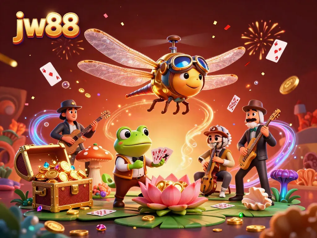 Experience the thrill of jw88 with a fun-filled casino scene featuring a dragonfly pilot and frog croupier.