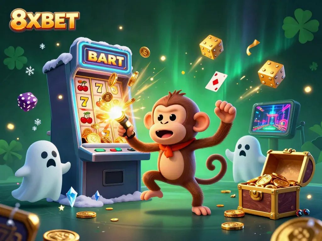 Experience thrilling casino fun at 8XBET with a playful poltergeist monkey and a curious puppy in an exciting scene.