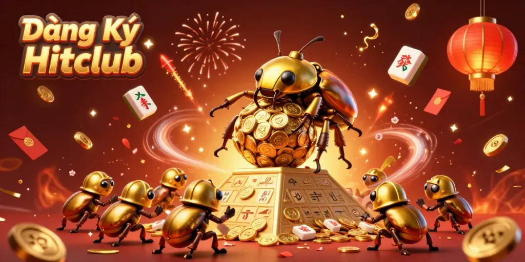 Experience the excitement of Đăng Ký Hitclub with our vibrant 3D illustration featuring golden treasure and festive elements.
