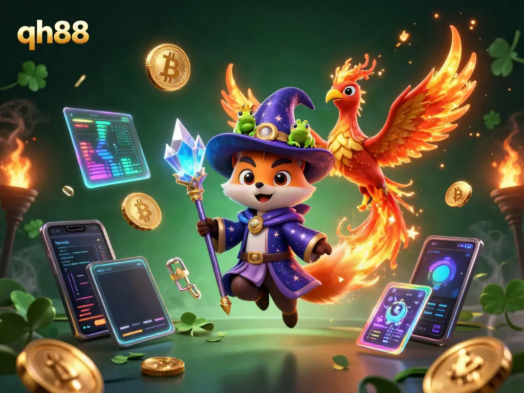Experience the thrilling world of qh88 with a mystical wizard fox and phoenix in a vibrant, engaging scene.