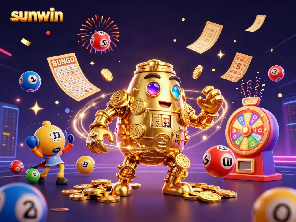 Experience excitement at sunwin with a vibrant 3D casino scene filled with gold coins and lottery elements.