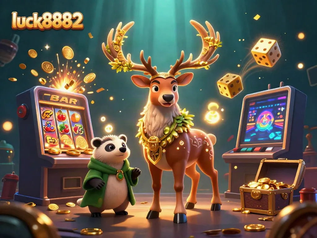 Engage with luck8882 through an immersive cartoon scene depicting vibrant jackpot celebrations.