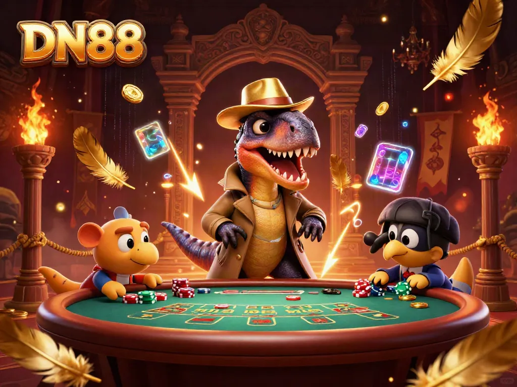 Experience the thrill of DN88 with a playful velociraptor at a blackjack table, stealing chips amidst the excitement of casino gaming.