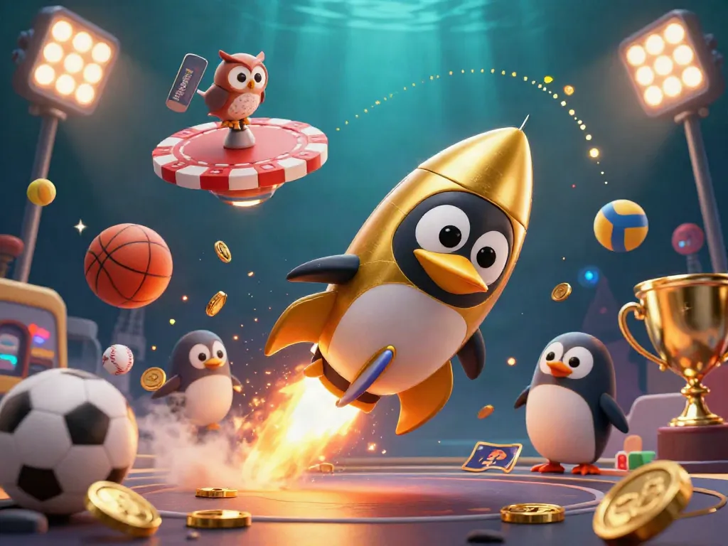 Experience the thrill of kenzototo with a golden penguin blasting through space towards a casino station.