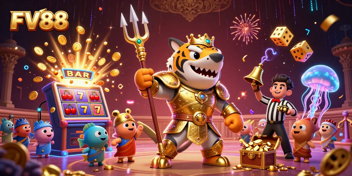 Experience the excitement of FV88 with a thrilling underwater casino scene featuring a tiger shark and dynamic game elements.