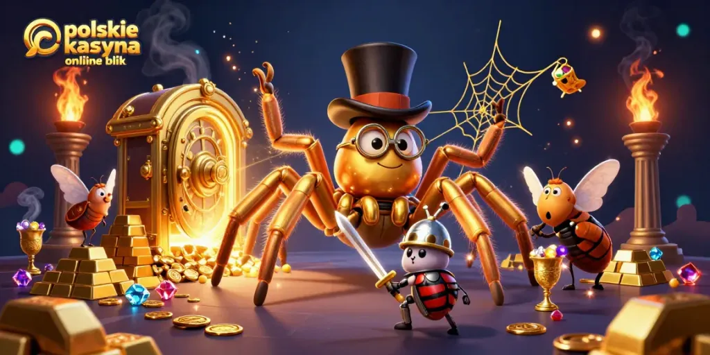 Engage in polskie kasyna online blik with a whimsical 3D casino scene featuring a golden tarantula and beetle knight.