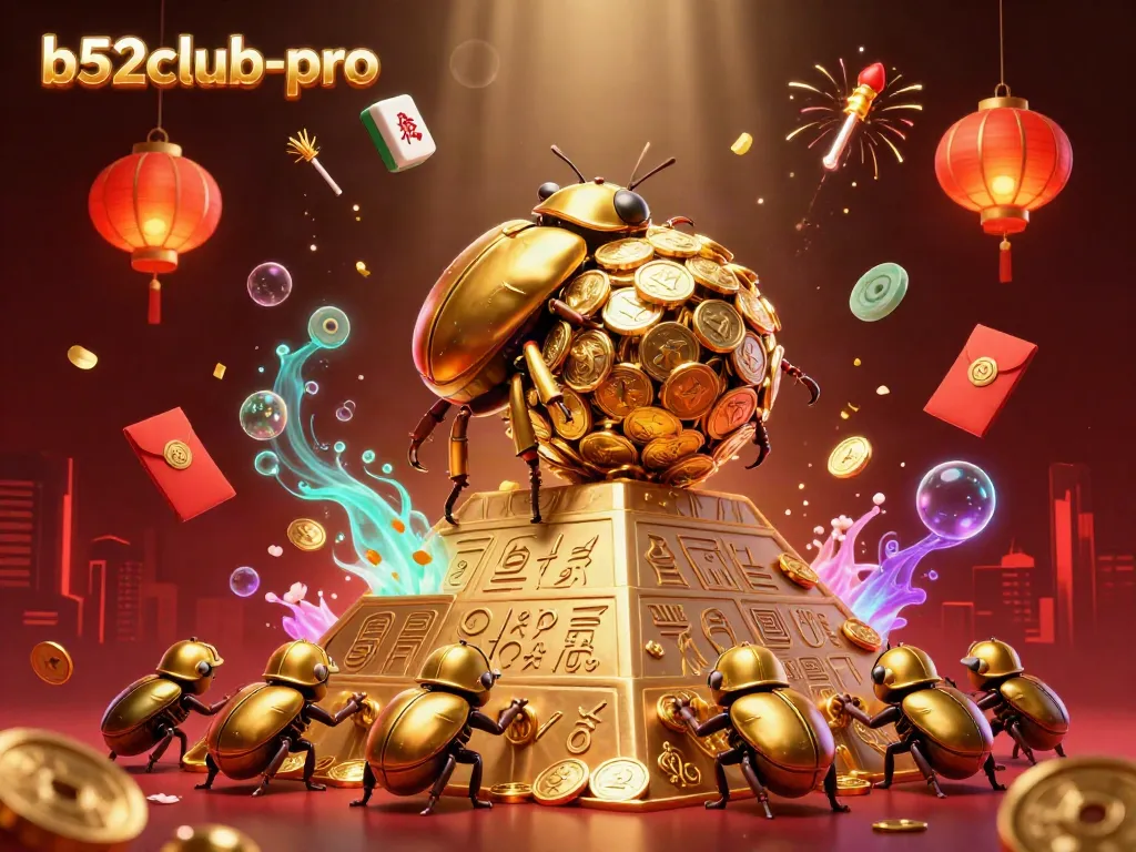 Experience the excitement of b52club-pro with vibrant golden beetles and casino elements.