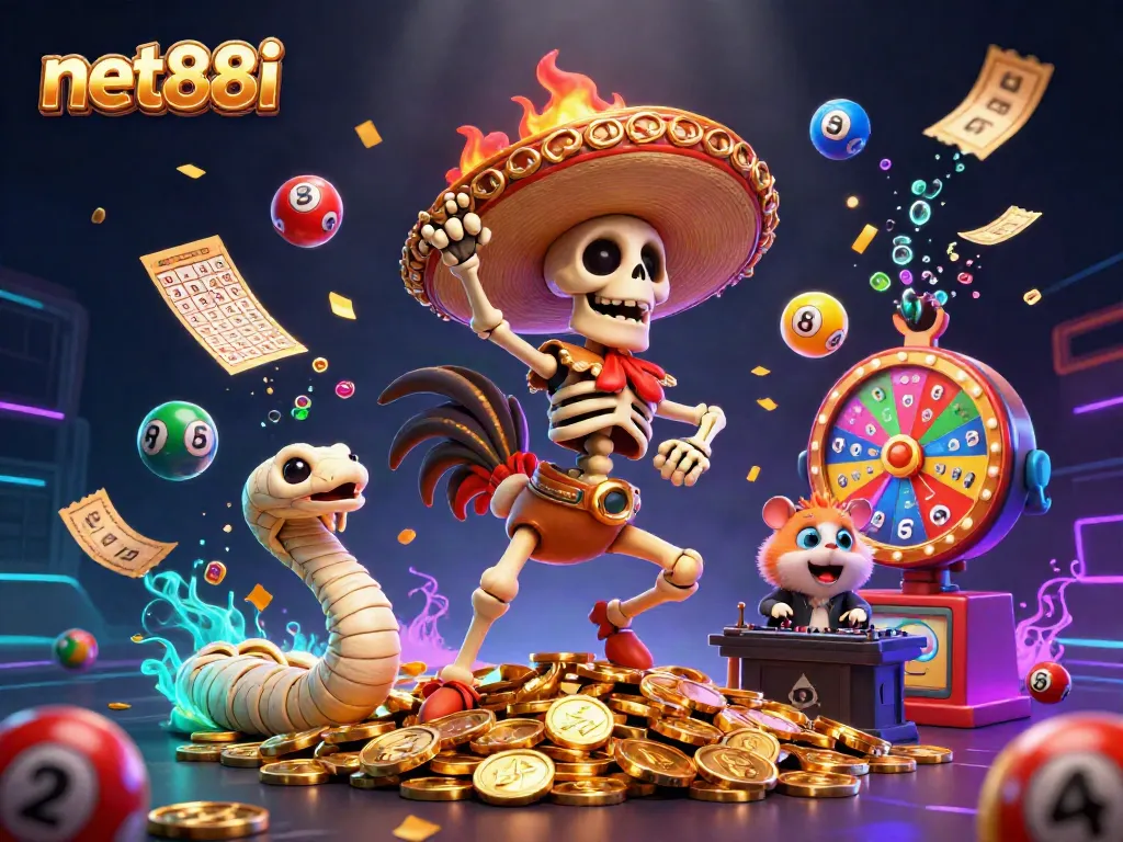 Win big with net88i in this vibrant 3D casino scene featuring a mariachi rooster and colorful elements.