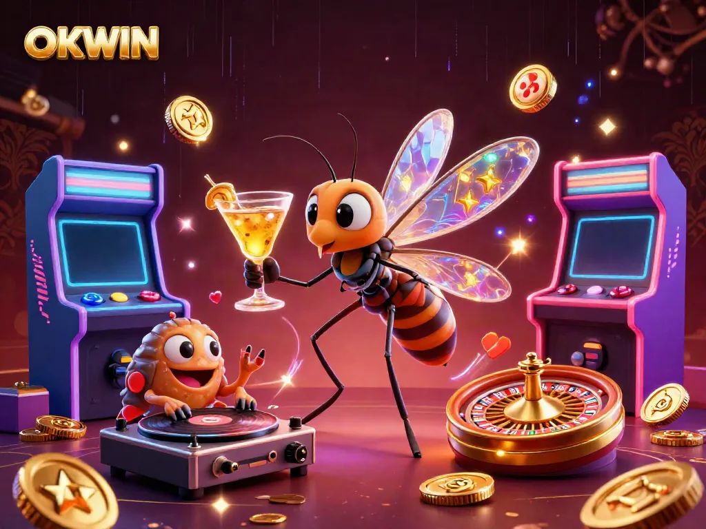 Experience exhilarating gaming action with OKWIN as colorful characters engage in vibrant casino excitement.