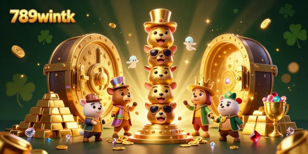 Engage in exciting gameplay with 789wintk, featuring a shimmering casino scene of a golden totem and treasure elements.