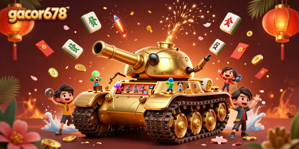 Engage with gacor678 at a vibrant, dynamic casino scene featuring golden characters and festive elements.