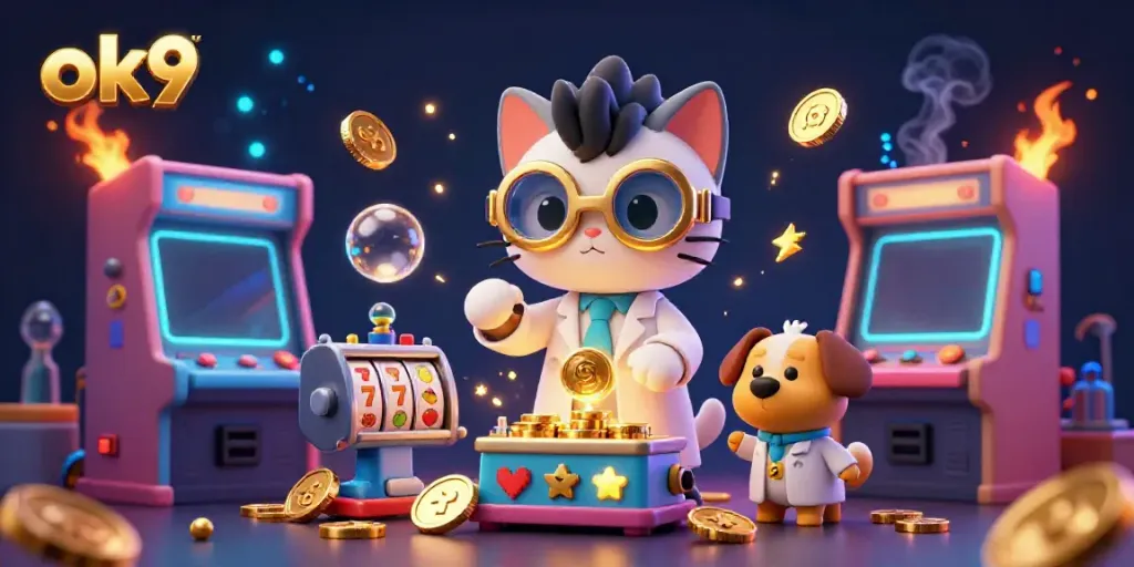 Experience the excitement of ok9 with a mad scientist cat and dog in a vibrant casino-themed lab.