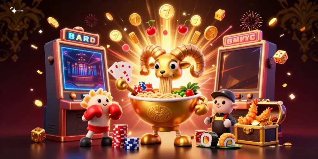 Experience the thrilling world of U888 with a vibrant 3D illustration of a golden ramen bowl dealer, surrounded by dynamic casino elements.