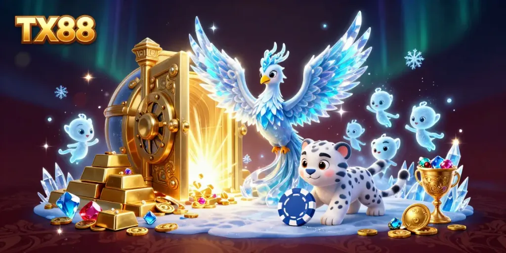 Engage in thrilling TX88 gameplay featuring an ice phoenix, a snow leopard cub, and sparkling treasure.