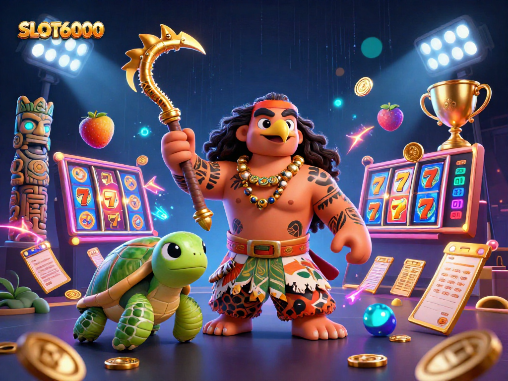 SLOT6000 showcases a vibrant 3D scene with slot reels, demigod hawk, and exciting game elements.