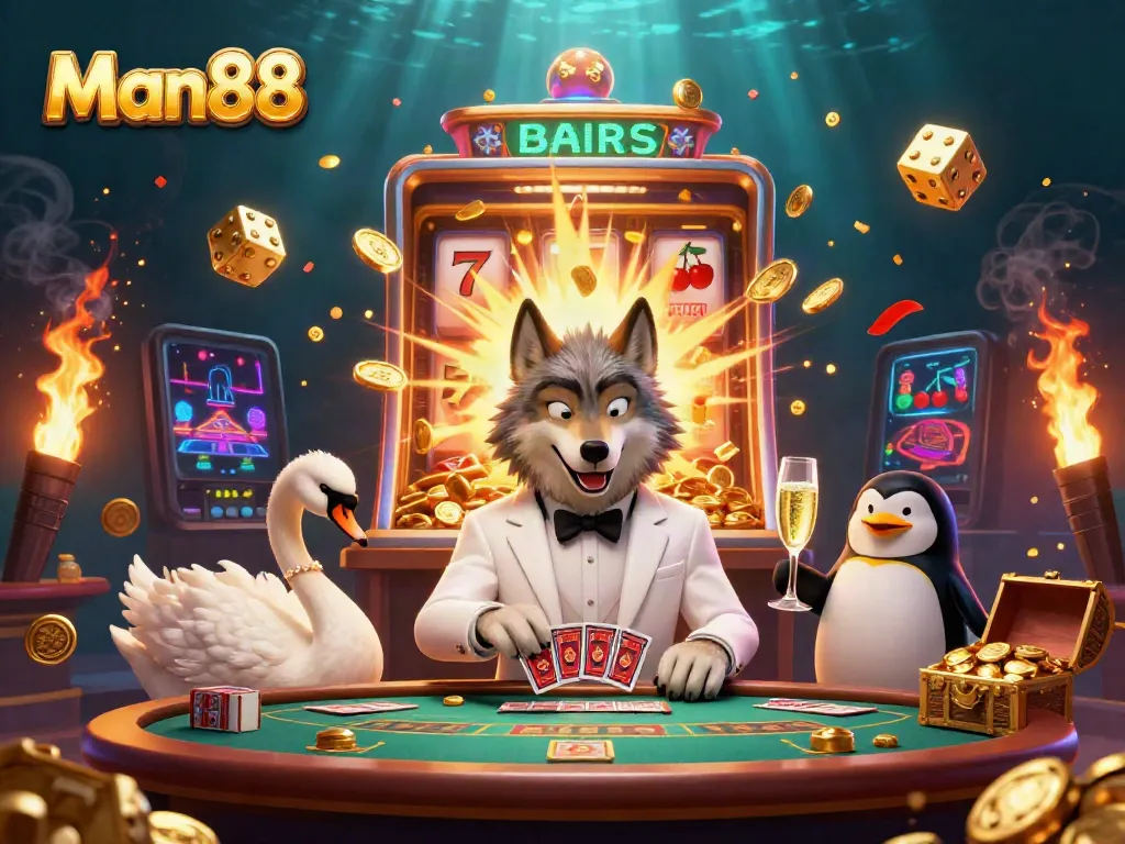 Experience excitement at Man88 with a casino scene featuring a wolf, swan, and penguin surrounded by jackpots.