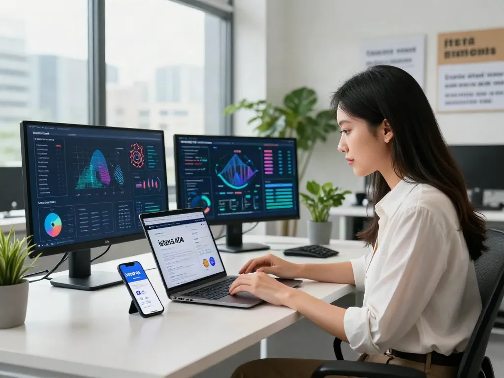 Professional woman analyzing trends on istana 404 website in a modern digital workspace.