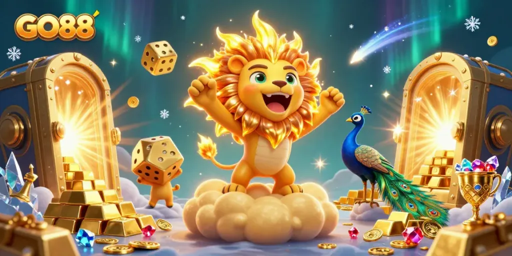 Experience the thrill of GO88 with a vibrant 3D animated casino scene showcasing winning treasures and dynamic gaming elements.