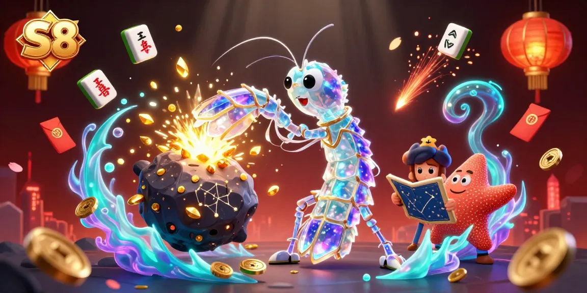 S8 casino scene featuring a galactic mantis shrimp striking an asteroid, surrounded by casino elements