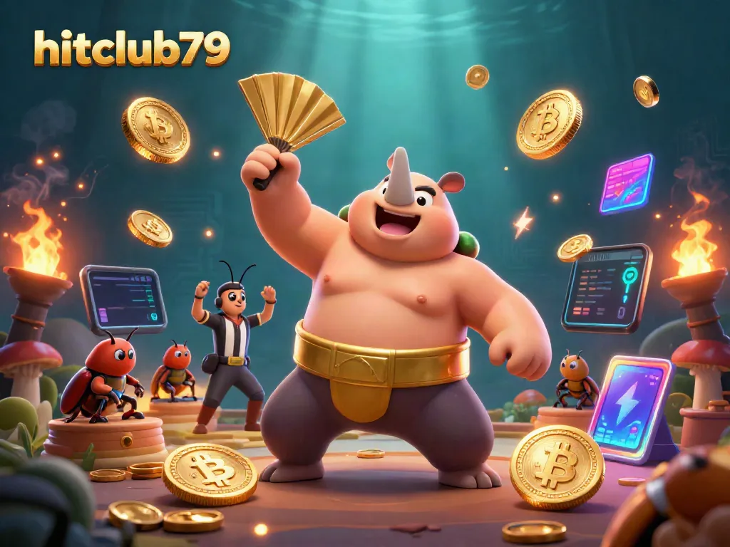 Experience the excitement at hitclub79 with a vibrant scene featuring a rhinoceros beetle champion casino event celebrating wins.
