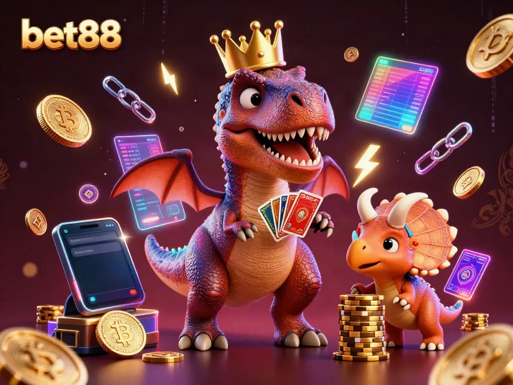 Engage with bet88 as a friendly T-Rex and its pals shuffle cards and stack golden chips in a vibrant 3D casino.
