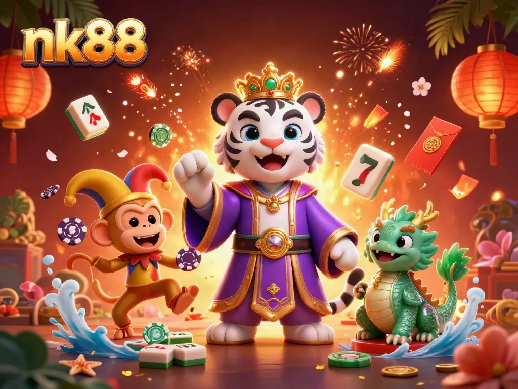 Engage with thrilling nk88 gaming scenes featuring a royal tiger and playful monkey amidst vibrant casino themes.