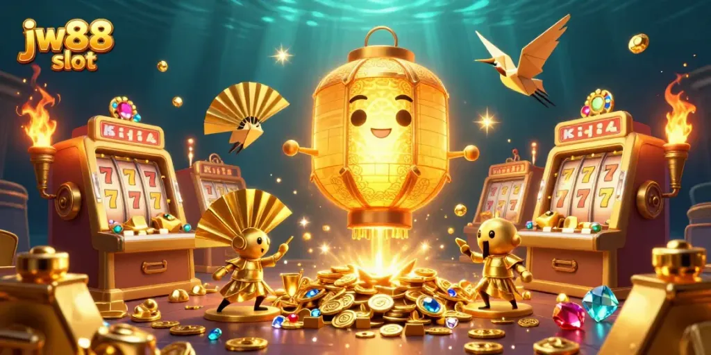 Experience a thrilling jw88 slot adventure with golden lanterns and vibrant casino elements.