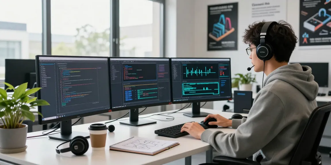Developer coding at modern workspace with crushon ia app interface on screen, showcasing tech innovation.