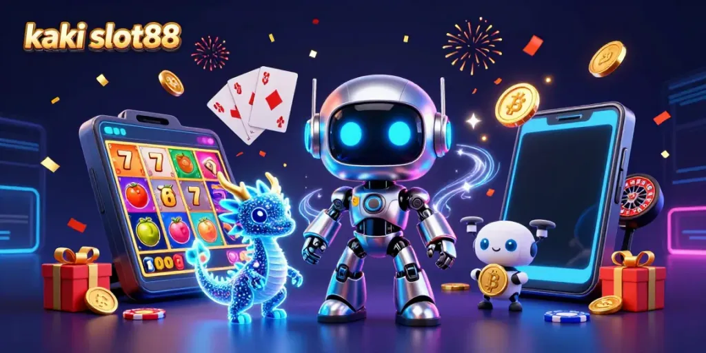 Kaki slot88: Robot cyberpunk dan drago AI di kasino dengan slot dan jackpot yang menggiurkan.