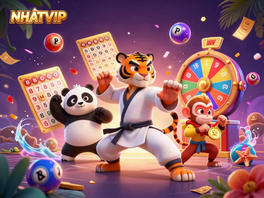 NhatVIP's vibrant 3D cartoon scene showcasing a kung fu tiger, panda disciple, and mischievous monkey in a dynamic gaming atmosphere.