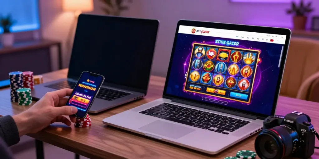 Exciting situs gacor online gaming scene showing vibrant slot visuals and a smartphone with bonus offers.