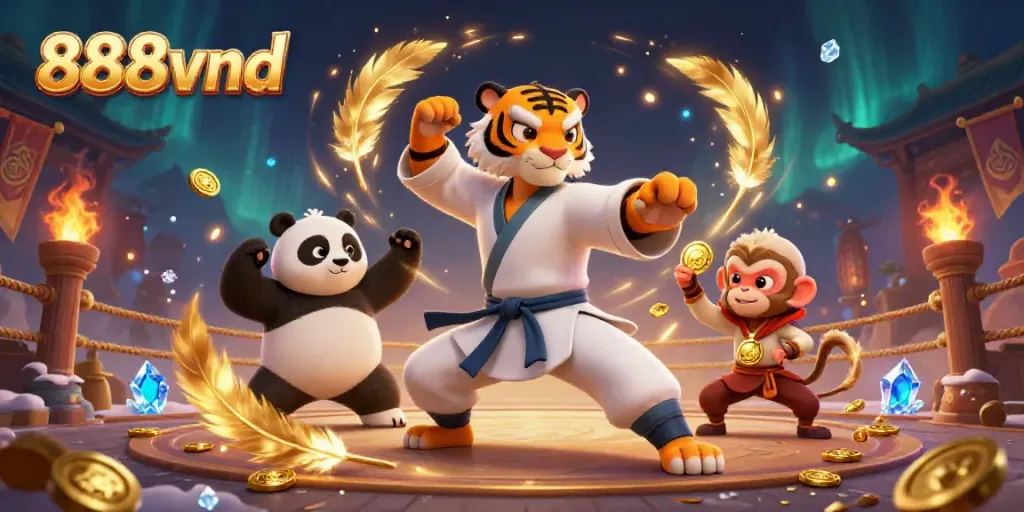 Immerse in 888vnd's casino world with kung fu characters amidst vibrant gaming elements.