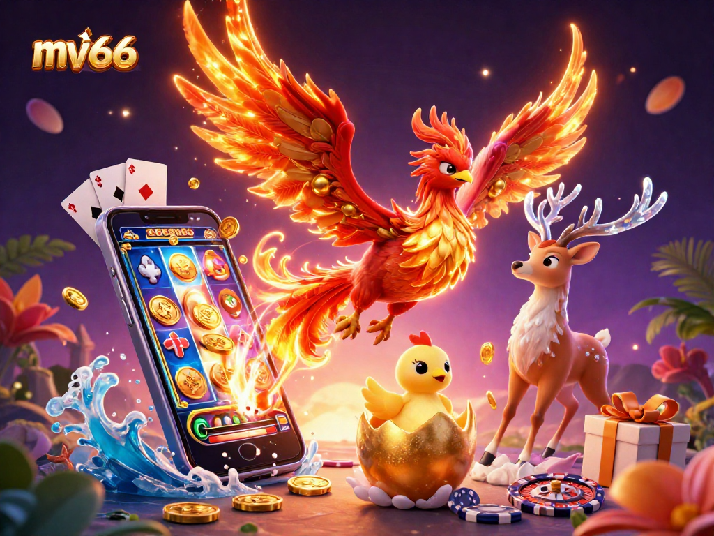 Experience mv66 with captivating 3D fire phoenix amidst dynamic casino elements, promoting excitement in gaming.