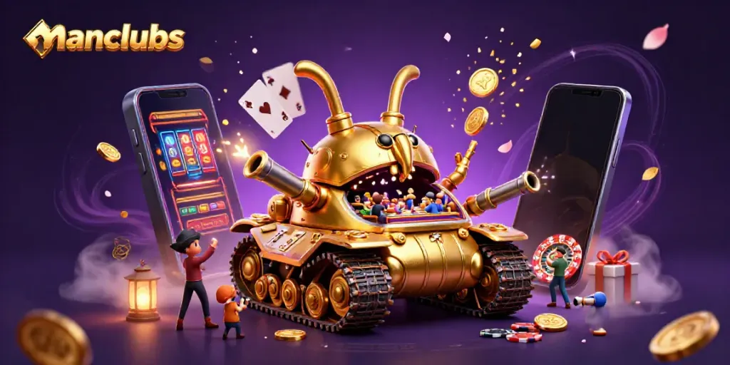 Engage with manclubs through an artistic depiction of a lively casino scene inside a golden beetle tank.