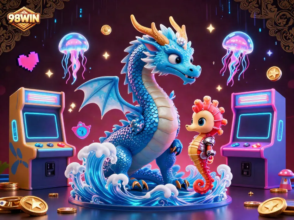 Engage with the vibrant 98WIN digital casino experience featuring a water dragon and neon jellyfish.